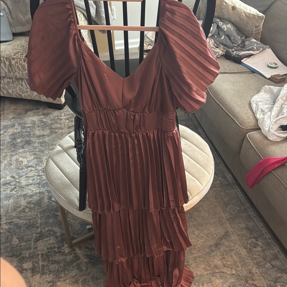 Elegant Pleated Brown Dress